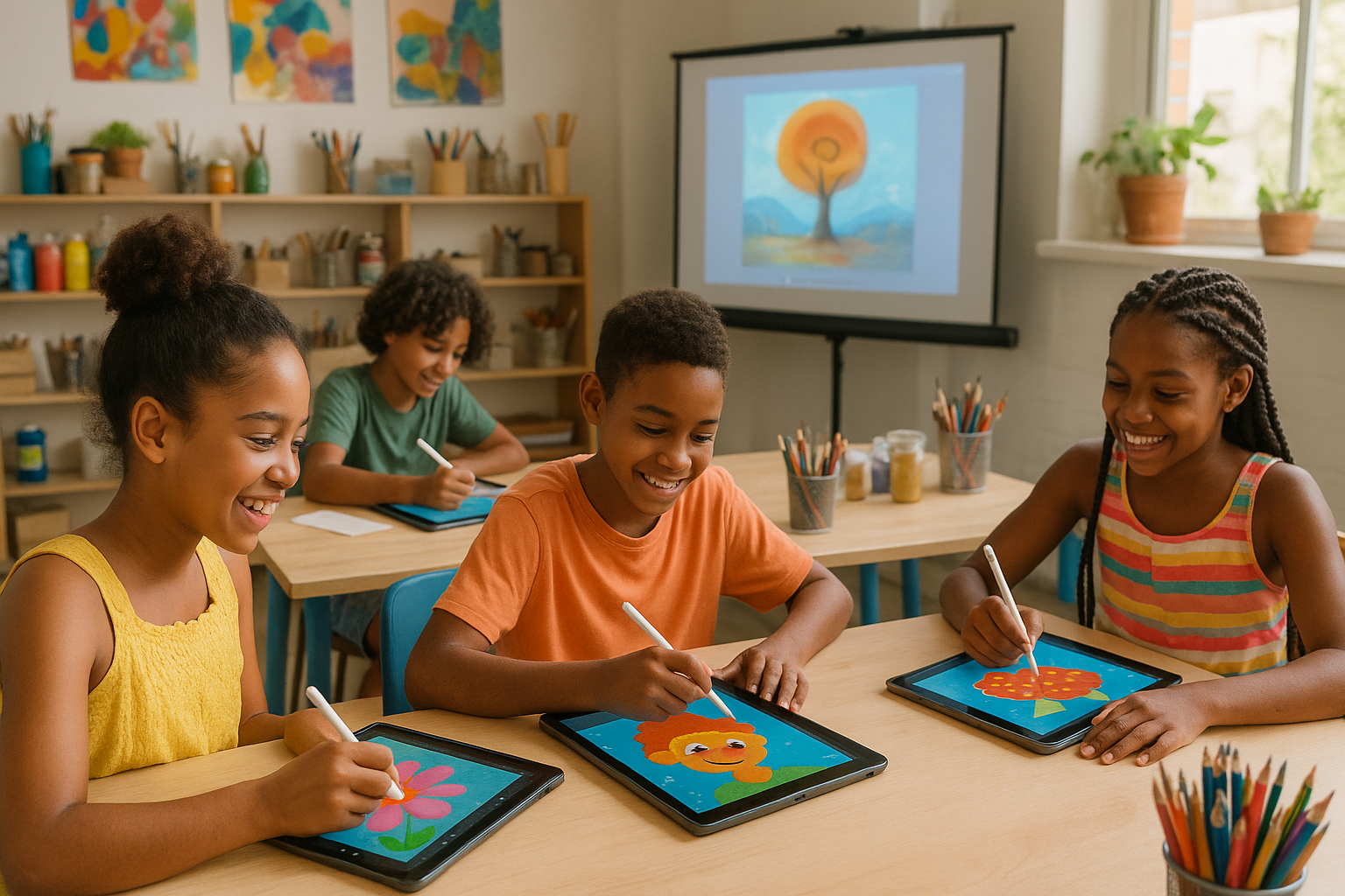 Niños creando arte digital